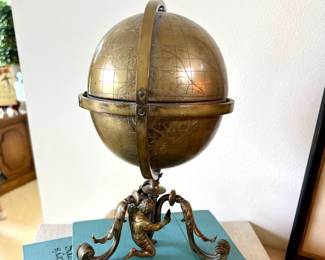 Antique Brass Globe w/Moor Figure - opens