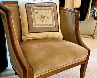 pair of matching - Vtg. Walnut framed, velvet barrel chairs