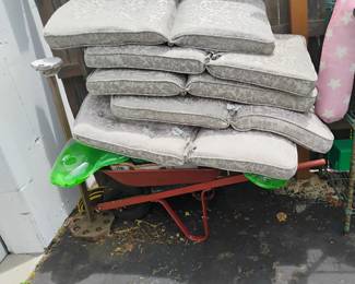 LAWN CUSHIONS AND WHEEL BARROW