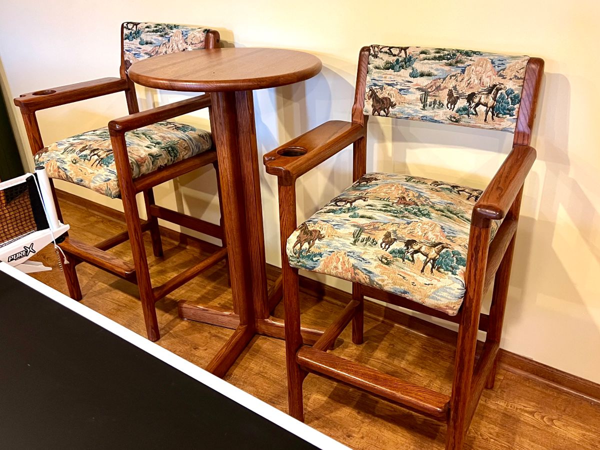 Like New - Pair of Oak tall pool table chairs and tall table