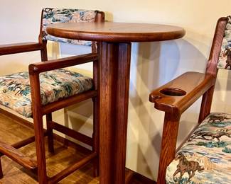 Like New - Pair of Oak tall pool table chairs and tall table