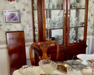 Silver plate. Fostoria cut-leaded glass.
