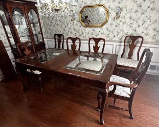 Dining table, 6 matching chairs, matching glass-front china cabinet
