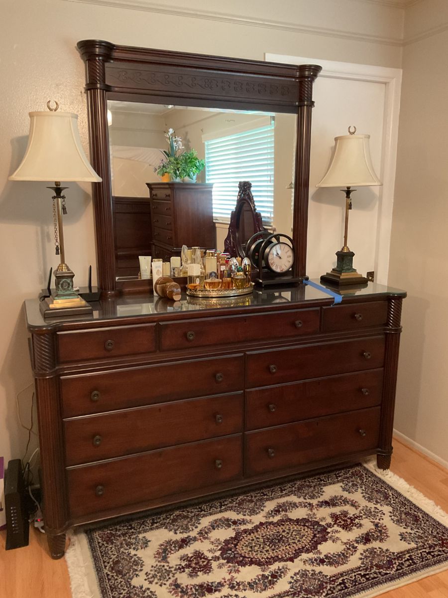 Dresser with mirror and lamps are still available