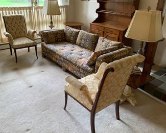 Living room suite; sofa, arm chairs, end tables and lamps