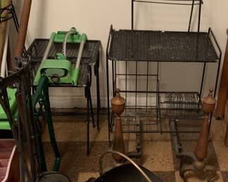 Metal patio furniture, fireplace tools and accessories and garden tools