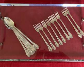 Vintage 50s drinks tray, iced tea spoon (silverplated) and cocktail forks (silverplated)