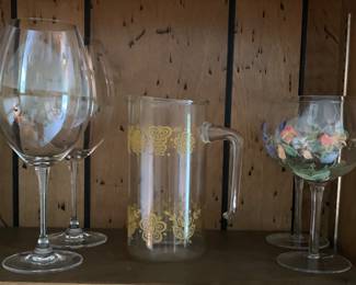 Waterford wine goblets, vintage pitcher and painted white wine glasses