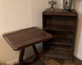 Late Empire Lyre table and Art Deco bookshel