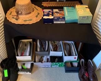 Shoes and boots size 10 Narrow, plus closet accessories and joint wraps/supports