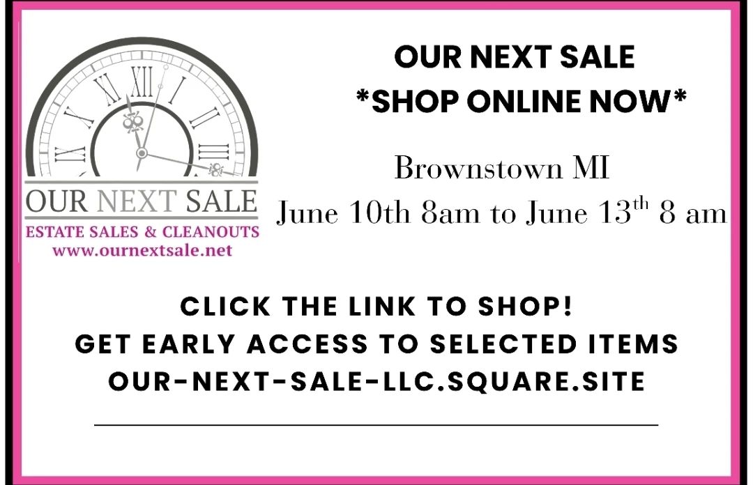 Our-next-sale-llc.square.site will be available Tuesday 8am and will turn off Friday at 8am
Any items purchased online will be available for pickup during the normal in-person sale.
https://our-next-sale-llc.square.site/s/shop