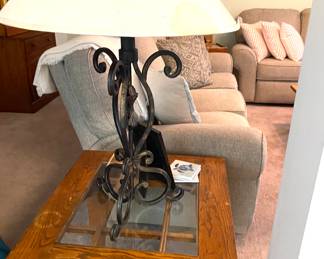Wood and glass end table
Iron lamp