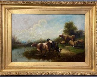 18th C. Pastoral Oil Painting Sheep & Cows
