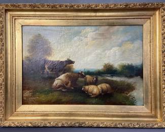 18th C. Pastoral Oil Painting Sheep & Cows
