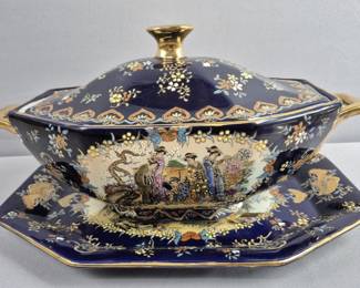 Vintage Blue & Gold Hand Painted Porcelain Tureen