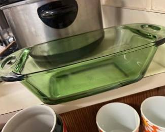Vintage Green Glass Handled Bread Baking Dish Anchor Hocking