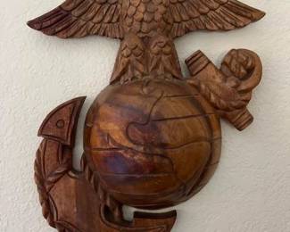 Vintage US Marine Corps Emblem Wood Carving Wall Hanging