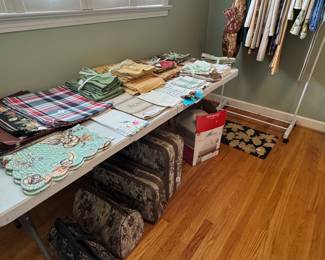 placemats, napkins, tea towels, luggage set, king heated mattress pad, rug, tablecloths