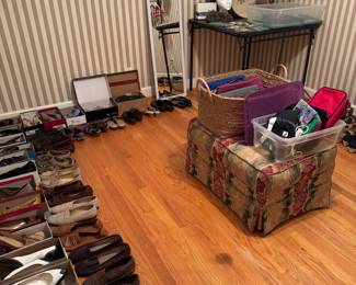 Ladies shoes sizes 8-9.5, clutches, cosmetic bags, wigs, vintage hat box, vintage collars, vintage hat, belts, and belt buckles