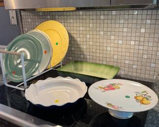 Cake stand, casserole dishes, and serving plates