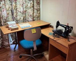 Dazor Industrial Magnifying floor lamp, Steelcase rolling chair, Singer Sewing Machine G series with light (bulb not included)