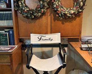 "Family" Director's Chair, Baskets, and Gold Magnolia Leaf Wreaths