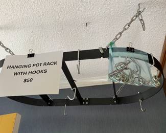 Hanging pot rack with hooks
