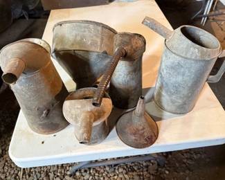 Barn fresh. Galvanized. Oil spout cans. Funnels.