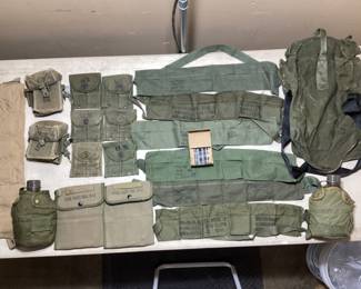 MISC VINTAGE MILITARY SURPLUS (2) CANTEENS, MULTIPLE USGI BANDOLEERS, AMMO POUCHES, UTILITY POUCHES, DUFFLE BAG