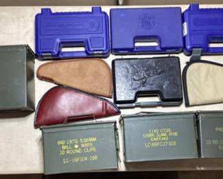 MISC US AMMO CANS, PISTOL CASES MISC (4) US AMMO CANS, (6) PISTOL CASES