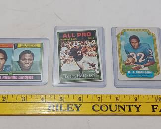 Old 1970s OJ SIMPSON football cards, also more old football, baseball cards in this sale along with 3 complete Topps year sets.