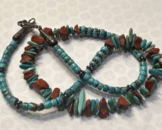 antique sterling turquoise and red jasper necklace, probably Navajo.