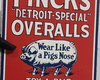 Finck's Overalls porcelain sign with pig
