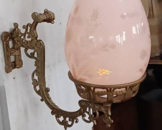 Antique eastlake style cast iron lamp bracket with pink cut to clear shade - candle lamp