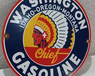 Washington Gasoline porcelain gas pump sign with native american indian chief motif