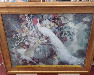 Big beautiful framed under glass art print of a painting by Jessie Arms Botke (1883-1931). Artwork was titled "WHITE PEACOCK WITH COCKATOOS and FLOWERS". Marked at bottle Jessie Arms Botke 1931. It is about 4 feet wide and about 3.25 feet tall.