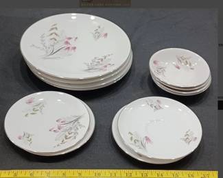 12 piece set of Royal Duchess porcelain dinnerware plates bowl in the Mountain Bell pattern. We see no chips cracks or repairs. Signed Royal duchess Germany-Bavaria
