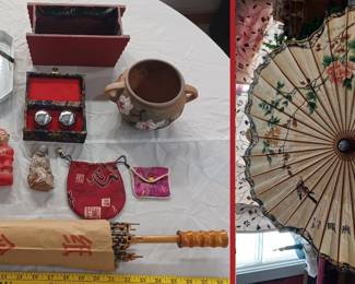 asian antique items, beautiful antique paper umbrella, old Kreis five and dime store figurines and blanter, musical silver balls in case, ceramic basket, more