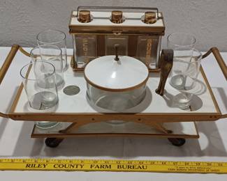 Toleware tantalus drinking set with ice buckert, tongs, 3 decanters, 5 tumblers