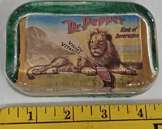 Old glass paperweight with Dr Pepper advertising