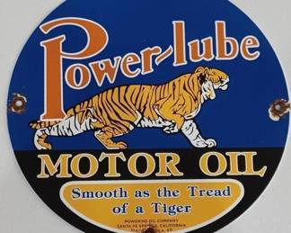 Powerlube porcelain motor oil sign with tiger