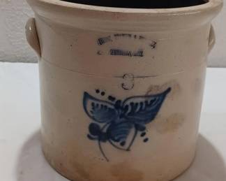 SEVERAL antique stoneware crocks in this sale.
Antique stoneware salt glaze pottery 3 gallon storage crock signed with 3 names and Springfield Massachusetts. The advertising is difficult to read but believe it says Quimby, Dearden, and another name. Crock has beautiful cobalt blue decoration.
