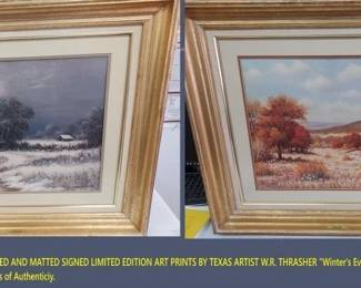 We have several limited edition prints in this auction by artist W.R. Thrasher a Texas artist. These are professionally framed and matted with brass name plates and have COA certificates of authenticity.