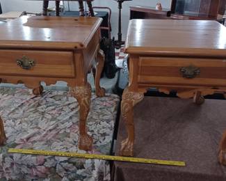 matching end tables / occasional tables with storage drawers, ball and claw feet.