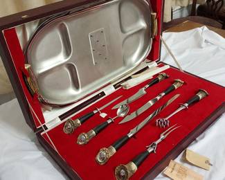 rare Neiman Marcus carving set made with buffalo horn in case