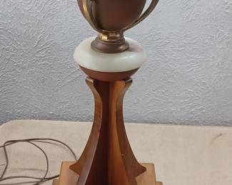 Unusual tall lamp with brass or copper / onyx / wood, space age sputnik rocket ship atomic look to it