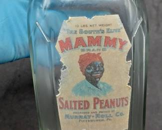 antique 8 sided jar w Mammy Salted Peanuts advertising label. black americana