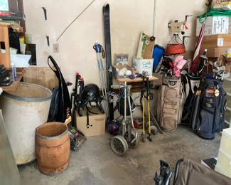 Golf Bags and Clubs, Momentus Weighted Golf Clubs, Vintage Head Skis. Car Bike Rack,