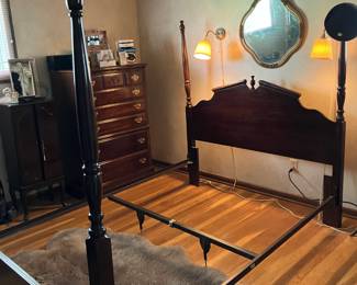 Bed, Chest, Sheepskin Rug, Antique Mirror