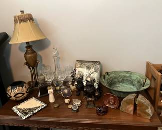 Asian Items, Pottery Bowl, Buddha, Wood Foo Dogs